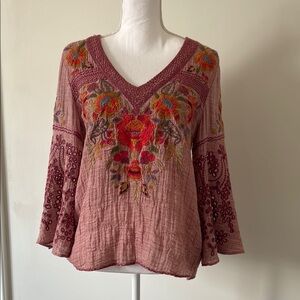 Johnny Was Pink and Red Bell Sleeve Blouse with Graphic Embellishments